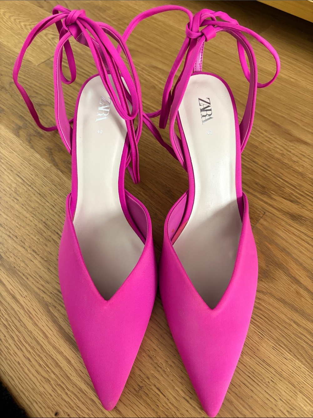 ZARA Hot Pink Pointed Tie-Ankle Heels *never worn*